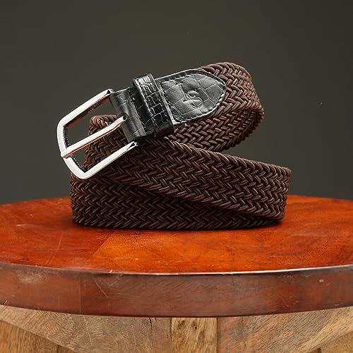 Image of LOUIS STITCH Men's Braided Elastic Stretch Belt with Leather Tipped End Stretchable Canvas Waist Band for Men Women Boys Girls Unisex (Width 3 cm) (BE-EL)
