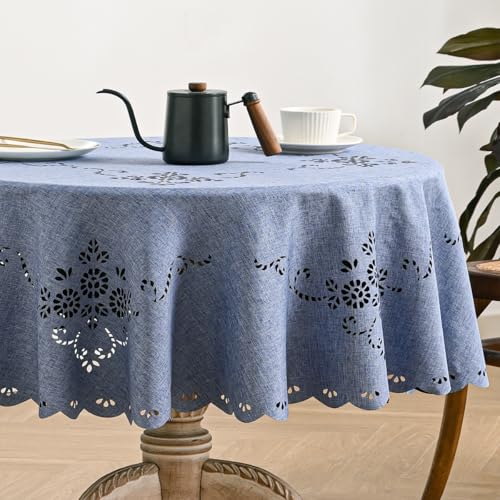 Wracra Macrame Waterproof Table Cloth, Farmhouse Linen Style Round Table Cover, Wrinkle Resistant Washable Indoor Outdoor Table Cloth (Blue, Round 48
