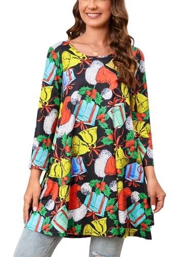 ENMAIN Womens Tunic Tops Plus Size Loose Fit 3/4 Sleeve Christmas Black Flare T Shirt Dressy Casual Ladies Blouse Bell Hat Swing Crewneck Holiday Fall Tunics for Leggings