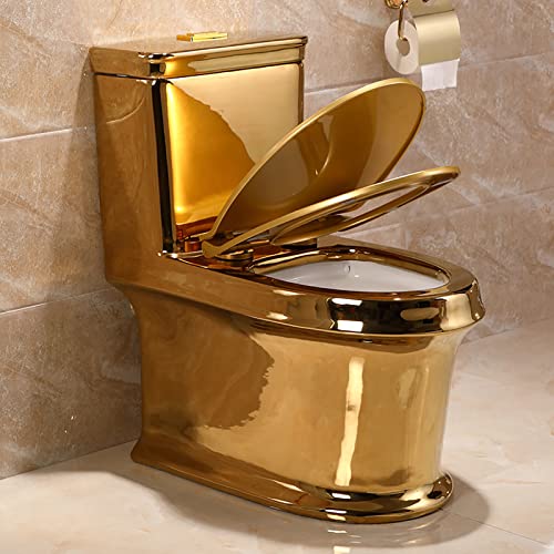 Inodoro Dorado de Descarga Dual UMJIGF, Forma Cuadrada, Porcelana Sanitaria, con Asiento y Tanque Integrados, Tamaño 700x390x750 mm miniatura 2