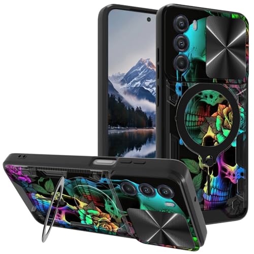 Mxfdegf for Moto G Stylus 5G 2022 Case, with Slide Camera Cover&Shockproof Bracket, Dual Layer Durable Heavy Duty Protective Cell Phone Case for Moto G Stylus 5G 2022,Colorful Rose Flower Skull