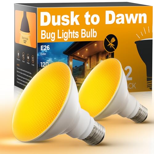 Image of L LOHAS LED Dusk to Dawn Yellow Bug Light Bulbs Outdoor, PAR30 Flood Light | LED Flood Light Outside, 75W Equivalent, Non-Dimmable Porch Lights, 11W E26 Base for Patio, Backyard, Party, 2 Pack