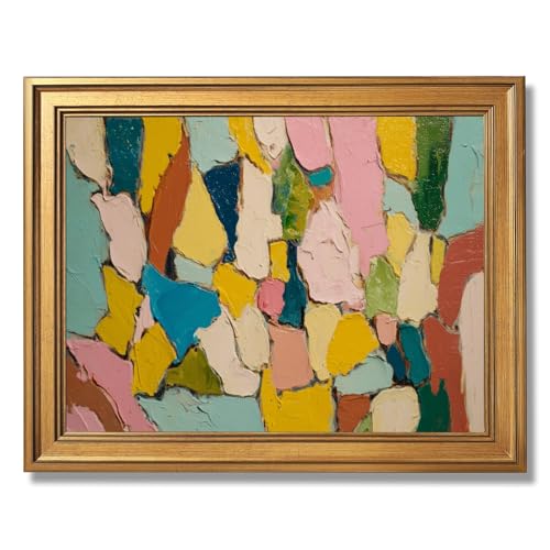Large Framed Abstract Mediterranean Mosaic TV Wall Art Canvas Print Colorful Modern Geometric Painting Poster Contemporary Artistic Artwork Dopamine Picture Decor for Living Room Bedroom 24x36inch