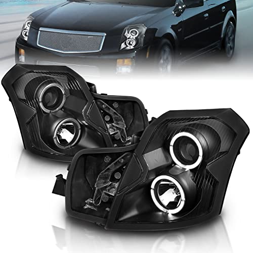 AmeriLite for 2003-2007 Cadillac CTS LED Halos Factory Black Projector Replacement Headlights Pair - Passenger and Driver Side