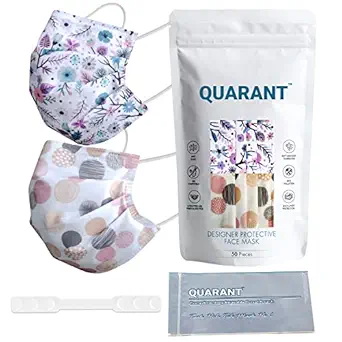 QUARANT Meltblown - Dual SMMS Fabric 4 Ply Designer Protective Face Mask with Nose Clip, Mask Extender and Reusable Travel Pouch, Fashion That's Safe (Spring Combo, Pack of 50) for Unisex