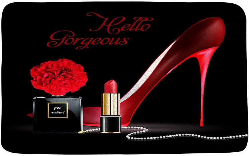 Red High Heels Bath Mat Hello Gorgeous Lipstick Perfume Flower Fashion Makeup Woman Girls Valentine's Day Black Background Microfiber Memory Foam Bathroom Rug Doormat Kitchen Toilet Floor Rug