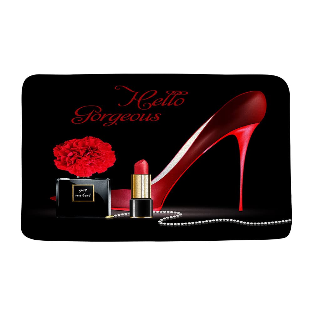 Red High Heels Bath Mat Hello Gorgeous Lipstick Perfume Flower Fashion Makeup Woman Girls Valentine's Day Black Background Microfiber Memory Foam