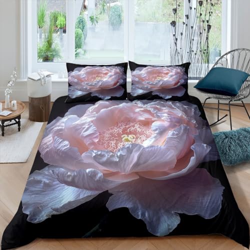 Peony Bedding Set Pink Flower Bed Sets 3D Digital Printed Comforter Cover Blossom Plants Petals Quilt Cover Natural Wild Botanical Floral Flowering Duvet Cover Double Room Decor for Teen Girls