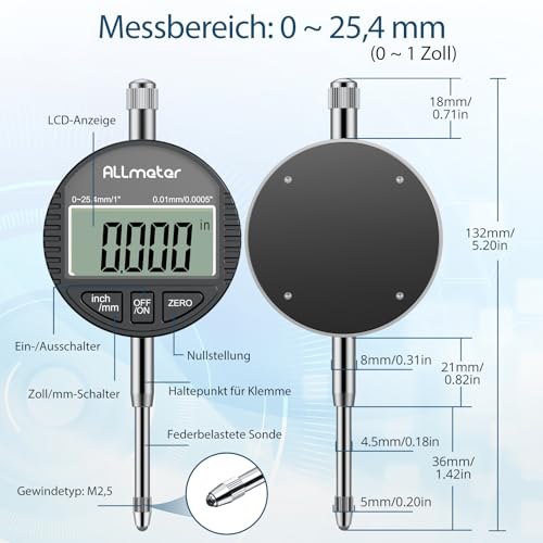ALLmeter Digitale Messuhr 0,01 mm / 0,0005'', Präzise Messuhr Digital mit LCD-Display, Messbereich 0–25,4 mm (1''), Umschaltbar zwischen mm/Zoll, Ideal für Maschinenbau, 3D Drucker Messuhr, Schwarz