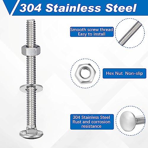 Image of Zonon 50 Sets 1 /4-20 x 3 Stainless Steel Carriage Bolts and Nuts Kit Round Head Square Neck Carriage Bolts Screws and Hex Nuts and Flat Washers, Stainless 18-8 Full Thread Coverage (Silver)