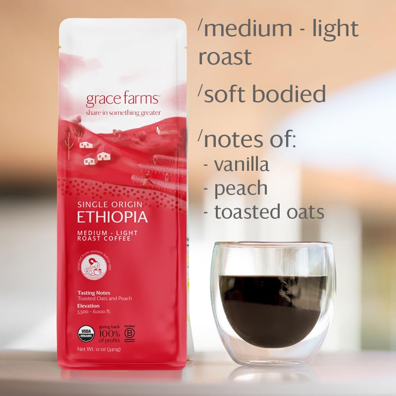 Miniatura 3 de Grace Farms, Café orgánico de grano entero, tostado medio ligero de Etiopía de origen único, bolsa de 12 onzas, 1 unidad  Notas de avena tostada y