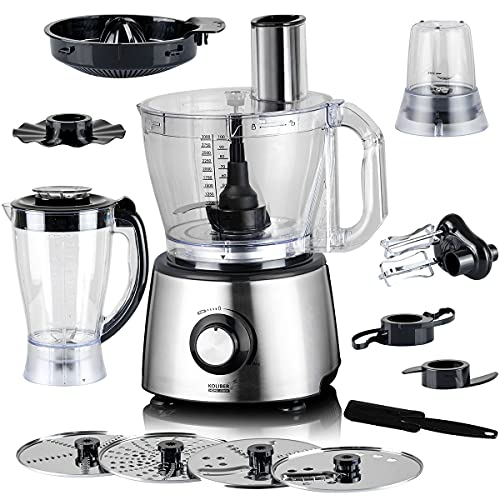 Multifunktionale Küchenmaschine Koliber MULTIMAX X-1200-W, Rührschüssel 3l, 4x Scheiben, 1,5 l Tassenmixer, Schleifer…