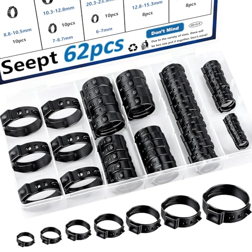 Image of 62Pcs 7 Sizes 304 Stainless Steel Black Single Ear Hose Clamps 6-23.5mm Crimp Hose Clamps Assortment Kit Perfect for Automotive /Home Appliance /Water Pipe and Fuel Line