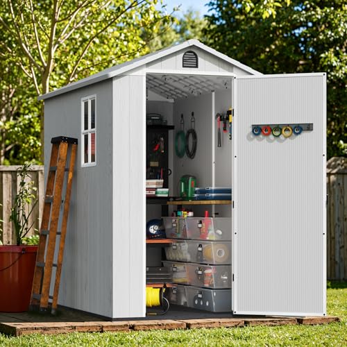 Image of Greesum 4x6FT Plastic Outdoor Storage Shed with Floor, Light Gray