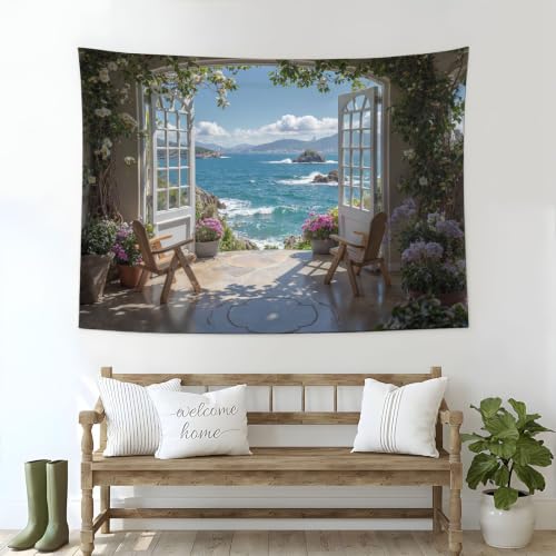 Tapiz de pared decorativo de 200x150cm con diseño artístico de acantilados y flores azul claro 2