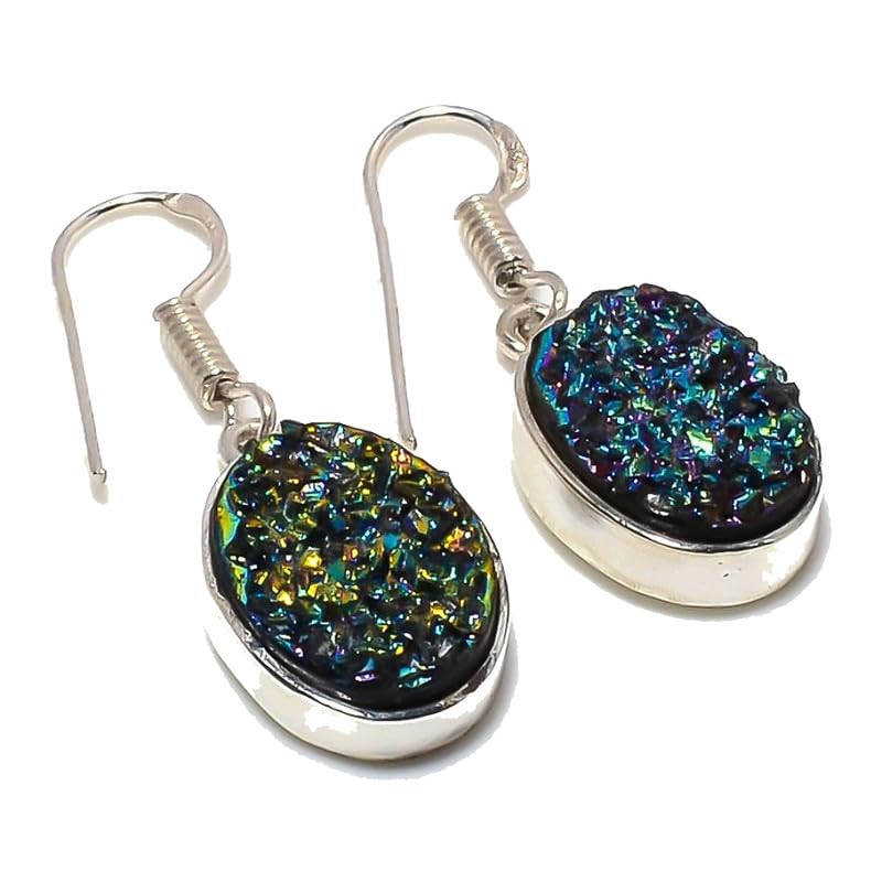 Sparking Titanium Druzy Handmade Drop Earrings 1.58" For Girls Women 925 Sterling Silver Plated Jewelry from VACHEE 2166
