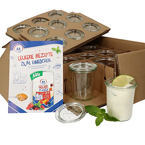 MamboCat 12er Set Weckgläser mit Glasdeckel 160 ml I Original Weck Sturzglas Joghurtglas, Dessertglas I Einweckgläser mit Deckel für Dips Aufstrich I inkl. Diamant-Zucker Gelierzauber Rezeptheft