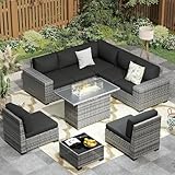 UDPATIO Rattan Patio Furniture with Fire Pit Table, 9 Piece Wicker Rattan Corner Sofa Furniture Conversation Sets for Garden, Backyard Deck, Grey-Mottled & Black Grey Cushions Covers