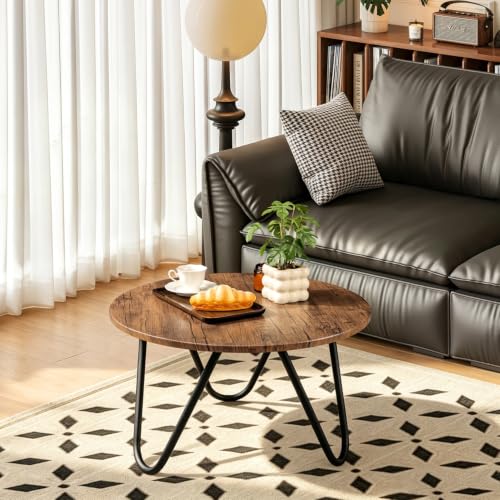 Image of Round Coffee Table 23.6 inch Wooden Circle Living Room Coffee Tables with Steel Frame Simple Modern Accent Center Table for Small Space Home Office Outdoor Light Brown