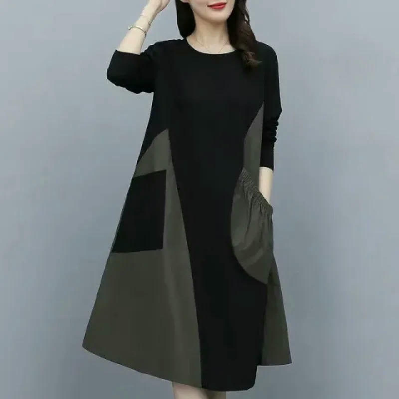 Vestiti a Maniche Lunghe Abito Blocco Colori da Donna, Pancia in Forma Sciolta Che Copre Il Maxi Abito, Autunnale Dimagrante alla Moda, Nuovo Vestito Casual di Arrivo