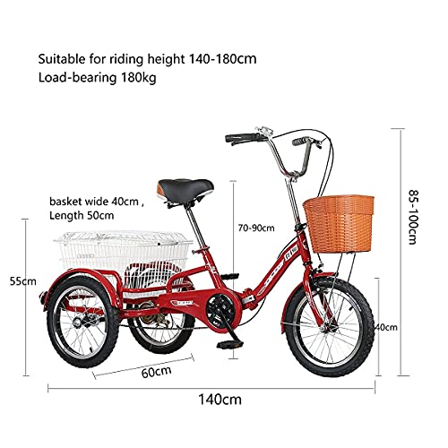 Faltbares Mini-Dreirad für Erwachsene, 16 Zoll, 3 Räder, Heimtrainer, dreirädriges Fahrrad, Kreuzfahrt-Trike mit Einkaufskorb für Senioren, Frauen, Männer, rot, Last 180 kg, Dreirad – Bild 3