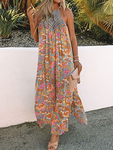 Image of FARORO Sleeveless Long Dress for Women Boho Halter Maxi Sundress Casual Loose Dresses Split Cover Up Gown with Pockets