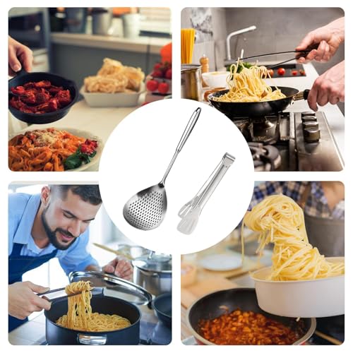 Stainless Steel Strainer Spoon for Cooking, Kitchen Strainer Ladle, Cooking Skimmer Spoon, Heavy-Duty Stainless Steel Strainer Ladle with Clip for Frying and Cooking - immagine 6