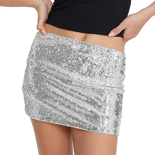 FeMereina Minifalda de lentejuelas brillantes para mujer, de talle bajo, Y2K, con purpurina, entallada, brillante, para fiesta, baile, fiesta, ropa de calle, plata, 36