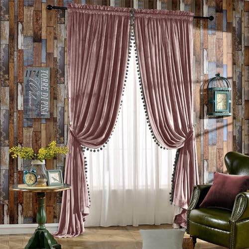 Image of Melodieux Luxury Pom Poms Velvet Curtains for Bedroom Living Room, Vintage Room Darkening Rod Pocket Window Decorative Drapes, 52 inch W x 84 inch L, Dusty Rose (2 Panels)