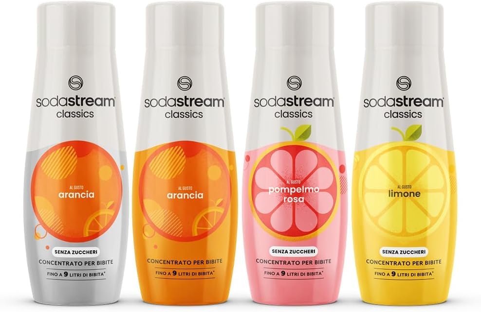 Sodastream Set 4 Concentrati: Arancia, Arancia zero, Pompelmo zero, Limone zero per realizzare fino a 9 litri di bevanda