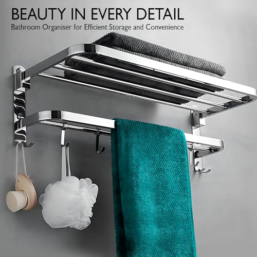 Image of Zureni Towel Rack for Bathroom 2 Tier 304 Grade Stainless Steel Multipurpose Wall Mounted Hanger Shelf with Hooks Accessories and Fittings Home Washroom Kitchen (Pack of 1, 1024)