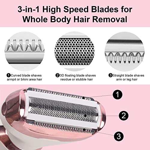 Electric Lady Shaver, AEXIRI 2 in 1 Electric Razor for Women Face Arm Leg Public Hair, Painless Bikini Trimmer Women,Rechargeable Cordless Portable Shaver with 3 Stainless Steel Blades and Float Head - Image 5