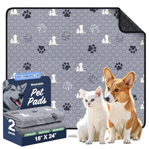Image of WanpeeGoo Washable Pee Pads for Dogs, Waterproof, 18 x 24 in, 2 Pack, Gray | Super Absorbent, Waterproof and Non-Slip; Washable, Reusable Dog Pads for Crates, Playpens, Floors, Furniture and Travel