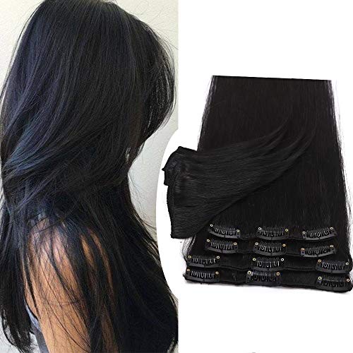 UK-Fashion-Shop Extensions Echthaar Clip In 100% Remy Echthaar Haarverlängerungen Glatt 8 Tressen 18 Clips Dünn 50cm/70g (#1 schwarz) Cover