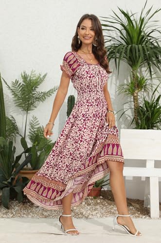 Image of Women's Boho Floral Maxi Dress, Short Sleeve Smocked Tiered Summer Casual Beach Dress