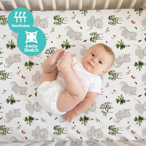 Image of BROLEX Baby Fitted Crib Sheets: Kid Crib Sheets - Set of 2 for Toddler Standard Size Crib Mattress for Boys and Girls - Jersey Knit Crib Bed Sheets Elephants&Bears