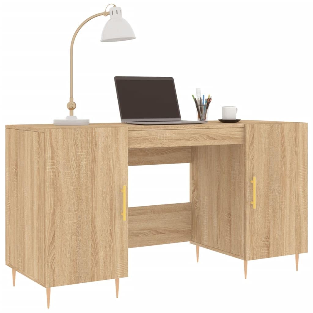 Biurko dąb Sonoma 140 x 50 x 75 cm z materiału drewnopochodnego z żelaznymi nóżkami, miejsce do przechowywania 4 drzwi, do domowego biura, gabinetu, biura, miejsca do nauki, porządku