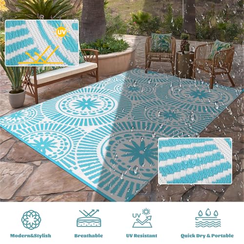 Ileading Large Plastic Outdoor Rug 8x10ft Modern Geometric Style Reversible Patio Area Rugs Waterproof Non Shedding Portable Carpets for Rv Outside Deck Pool Beach Picnic Camping (Teal) - Image 3