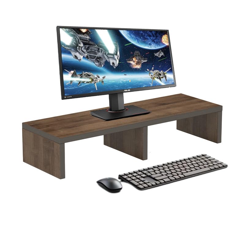 Image of flux Monitor Stand Wooden | Monitor Stand Riser | PC Stand For Desktop Table | , with 3 leg support, Non-Slip | Material: Particle Board Wood | Size: (59.5 cm x 20cm x 12cm) Brown