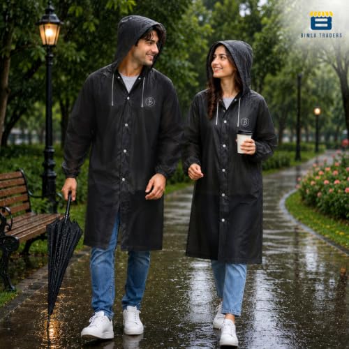 Image of Reusable EVA Hooded Raincoat| Transparent Waterproof Rain Wear for Men & Women | Elastic Full Sleeves | Front Button Design | Knee Length Free size