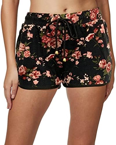 INDERO Women's Floral Print Running Shorts with Pocket Ultra Soft Active Workout Short Pants PJ- Black Pink Rose L XL