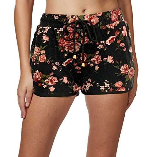 Indero Women's Floral Print Running Shorts With Pocket Ultra Soft Active Workout Short Pants Pj- Black Pink Rose L Xl #TOP5