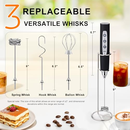 Image of YUSWKO Black Handheld Milk Frother Wand with Stand for Coffee, Rechargeable Electric Whisk with 3 Heads 3 Speeds Drink Mixer Coffee Frother For Latte, Cappuccino, Hot Chocolate, Egg