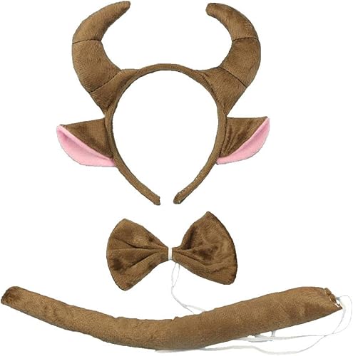 Amosfun Conjunto de disfraz de toro de 3 piezas, diadema de cuernos de toro, corbata de lazo, cola de toro, disfraz de vaca