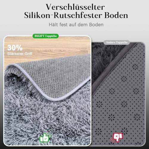BSGIFT Teppich Hochflor Flauschig 60x110 Läufer Grau, Shaggy Langflor Teppich Wohnzimmer rutschfest für Schlafzimmer Kinderzimmer, Modern Wohnzimmerteppich Bettvorleger High-Pile Carpet