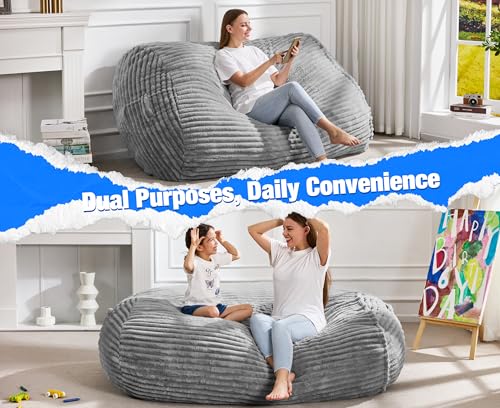 Image of Hobestluk 5FT Bean Bag Chairs Adult Bean Bag with Portable Handle Comfy Large Bean Bag Lounge Chair with Removable Cover for Living Room Bedroom (Stripe Grey, 5FT)