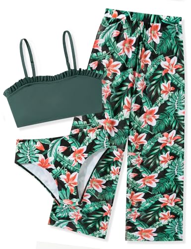Image of Vogseek 6-16T Girls 3 Pieces Bikini Bathing Suit with Rash Guard Pants Quick Dry Swimwear Cover-Up Sets