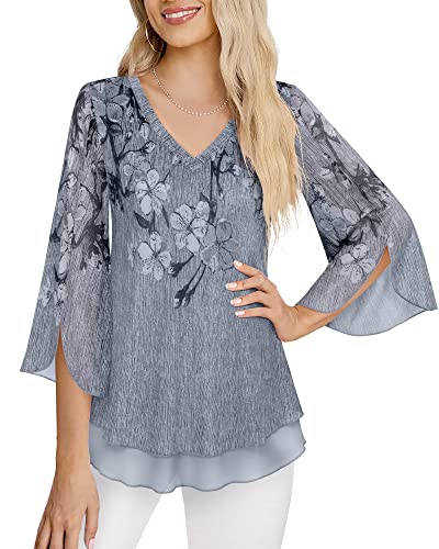 Timeson Women's 3/4 Sleeve Floral Blouses Shirts Double Layers V Neck Dressy Tunics Tops3