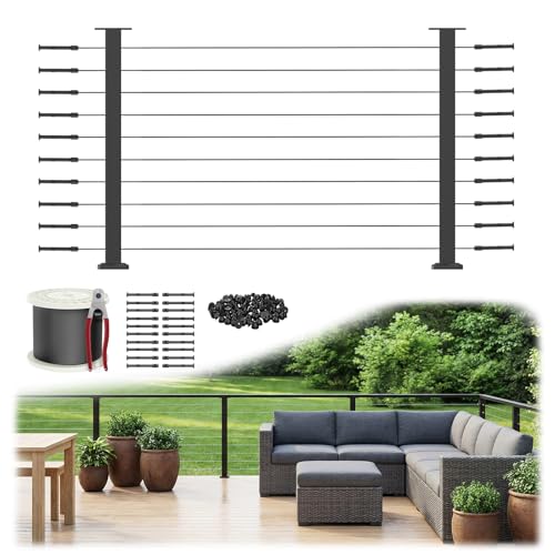 Image of 4FT-8FT Complete Set 36 inch Cable Railing Kit(35 inchx2 inchx2 inch), 2pcs Stainless Steel Black Flat Top Surface Mount Level Posts, 1 /8 inch Wire Rope(No Handrail), Swageless Cable Railing System Kit, MY07-LP