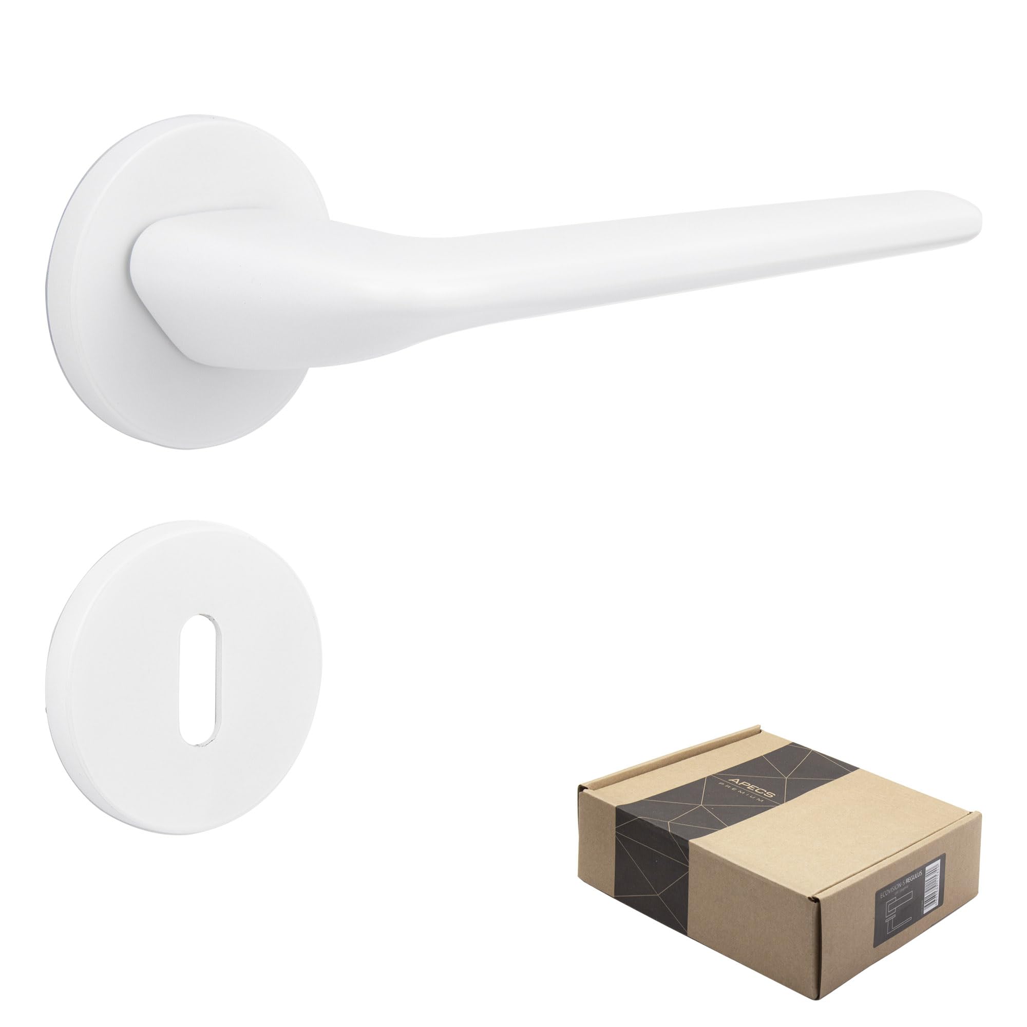 APECS Maniglia per porte interne, moderna, per porta di casa e porta interna, con rosette quadrate, colore bianco opaco, con materiale di fissaggio, per porta, modello CAPELLA BB